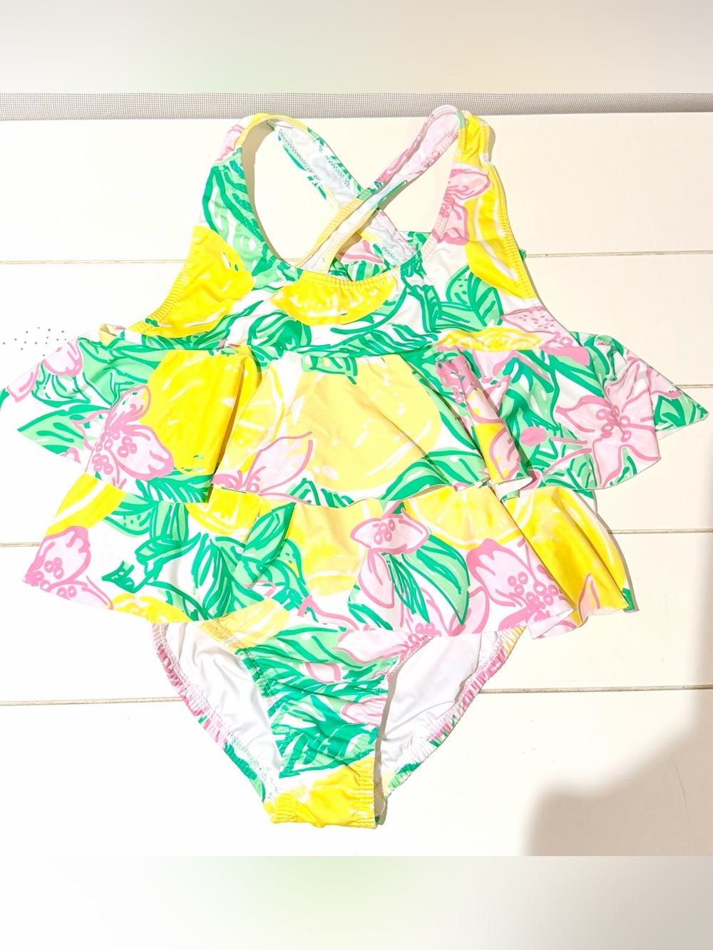 Posh Pickle Two Piece Girls Swim suit Yellow Lemons  Green Pink Ruffles Sz 11-12